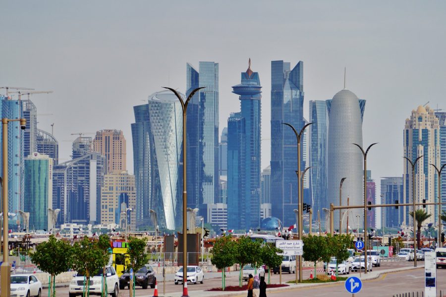 The modern skyline of Doha, Qatar, rising above the bay