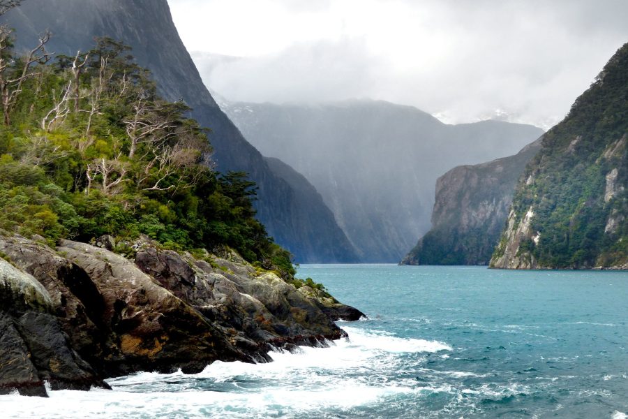 Milford Sound in New Zealand with steep mountain slopes rising above the water