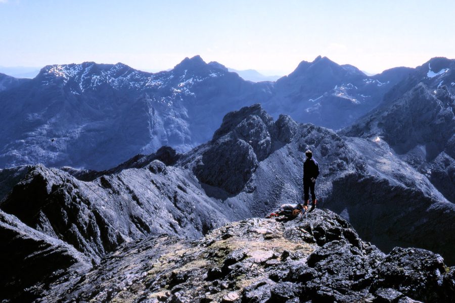 The main ridge of the Cuillin on the Isle of Skye, Scotland, with its rocky peaks
